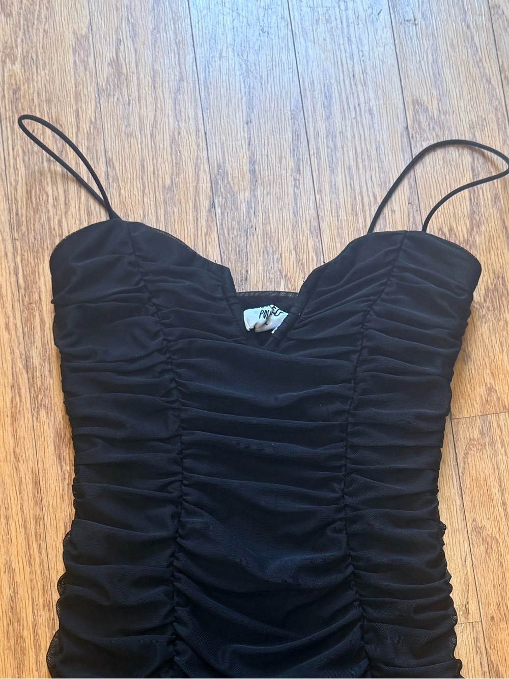 Princess Polly Black Ruched Spaghetti-Strap Mini Dress Size 4 - Picture 2 of 8